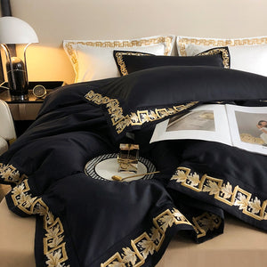 NEW Upgrade Your Sleep Experience with 1000 Thread Count Egyptian Cotton Gold Embroidery Luxury Bedding Set - Queen/King Size Black Quilt Cover with Matching Pillow Shams - Soft, Durable, and Elegant Bed Linens