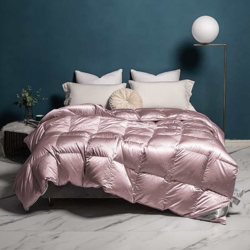 Sumptuous Light Champagne Goose/Duck Down Quilted Comforter with Brocade Jacquard for Cozy Four Seasons Sleep, Queen King Size