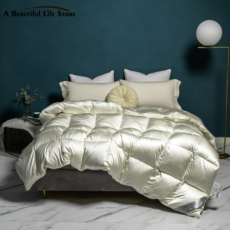 Sumptuous Light Champagne Goose/Duck Down Quilted Comforter with Brocade Jacquard for Cozy Four Seasons Sleep, Queen King Size