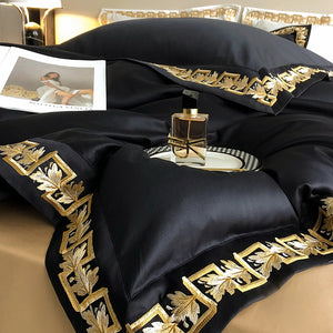 NEW Upgrade Your Sleep Experience with 1000 Thread Count Egyptian Cotton Gold Embroidery Luxury Bedding Set - Queen/King Size Black Quilt Cover with Matching Pillow Shams - Soft, Durable, and Elegant Bed Linens