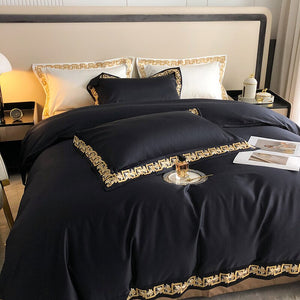 NEW Upgrade Your Sleep Experience with 1000 Thread Count Egyptian Cotton Gold Embroidery Luxury Bedding Set - Queen/King Size Black Quilt Cover with Matching Pillow Shams - Soft, Durable, and Elegant Bed Linens