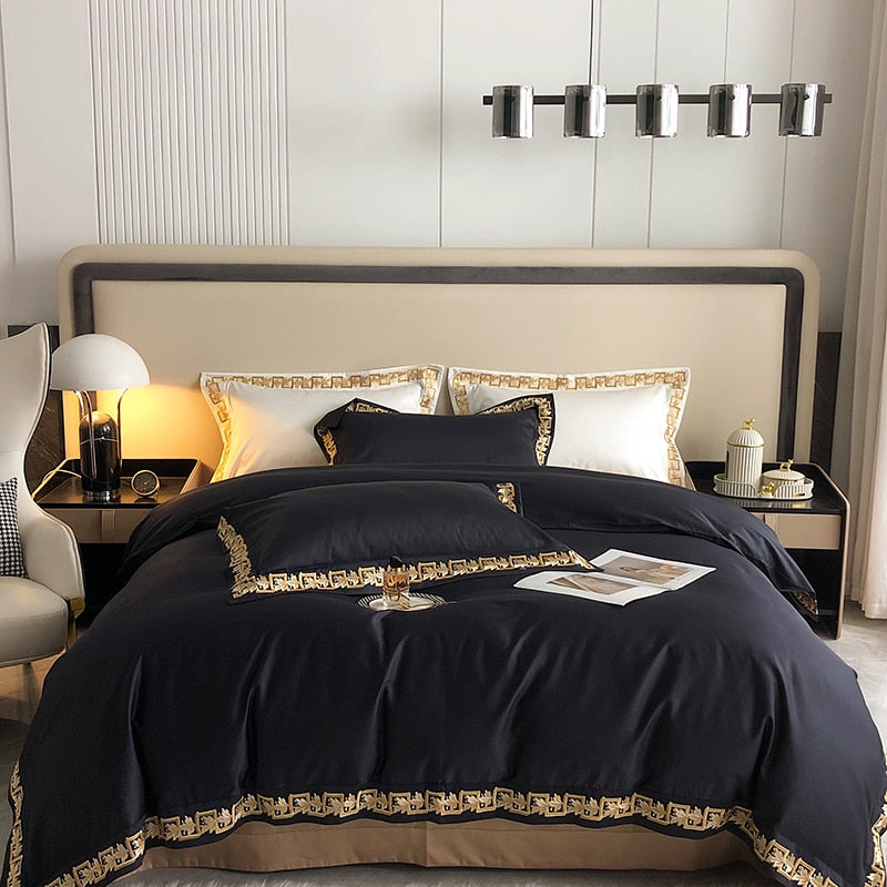 NEW Upgrade Your Sleep Experience with 1000 Thread Count Egyptian Cotton Gold Embroidery Luxury Bedding Set - Queen/King Size Black Quilt Cover with Matching Pillow Shams - Soft, Durable, and Elegant Bed Linens