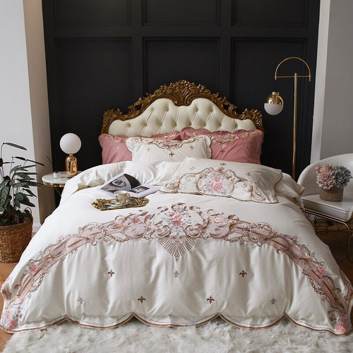 NEW Indulge in Luxury with our 100S Egyptian Cotton Flowers Embroidery Bedding Set - Includes Duvet Cover, Pillowcases, and Fitted Sheet for the Ultimate Comfort and Style Upgrade in Your Bedroom