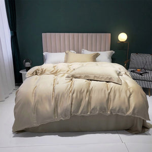 NEW Luxurious Golden 100% Silk Bedding Set: Soft & Smooth Duvet Cover, Flat/Fitted Sheet & Pillowcase - Top Grade Quality