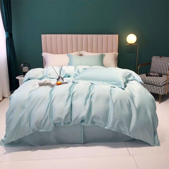 NEW Luxury Baby Blue 100% Silk Bedding Set - Duvet Cover, Pillowcase, Flat/Fitted Sheet - Top Grade Soft Comfort for a Good Night's Sleep
