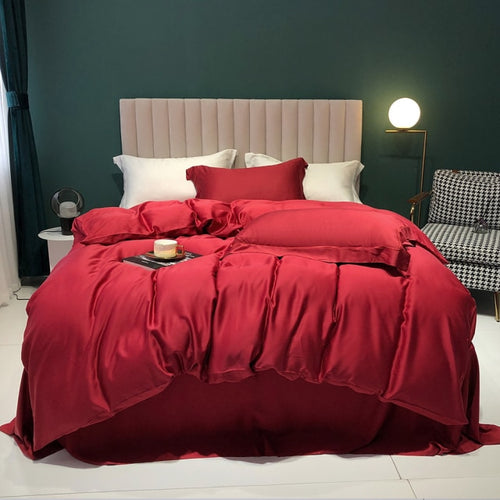 NEW Experience Ultimate Luxury and Romance with our Premium Red Top Grade 100% Silk Bedding Set: Including Duvet Cover, Bed Linen, Pillowcase, and Your Choice of Flat or Fitted Sheet for the Perfect Night's Sleep!