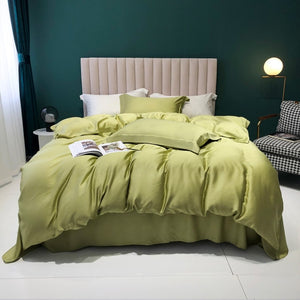 NEW Experience Luxurious Comfort and Elegance with our Mild Lime Top Grade 100% Silk Bedding Set - Includes Duvet Cover, Bed Linen, Pillowcase, and Choice of Flat or Fitted Sheet for the Perfect Night's Sleep!