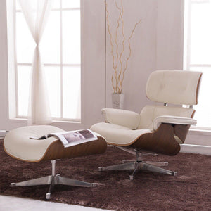 White & Walnut Classic Lounge Armchair With Footrest Genuine Leather Lounge Chair Aluminum Leg