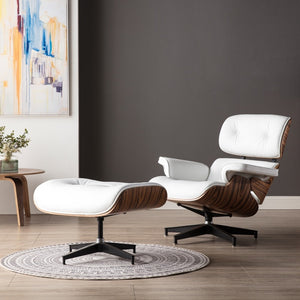 White & Walnut Classic Lounge Armchair With Footrest Genuine Leather Lounge Chair Aluminum Leg