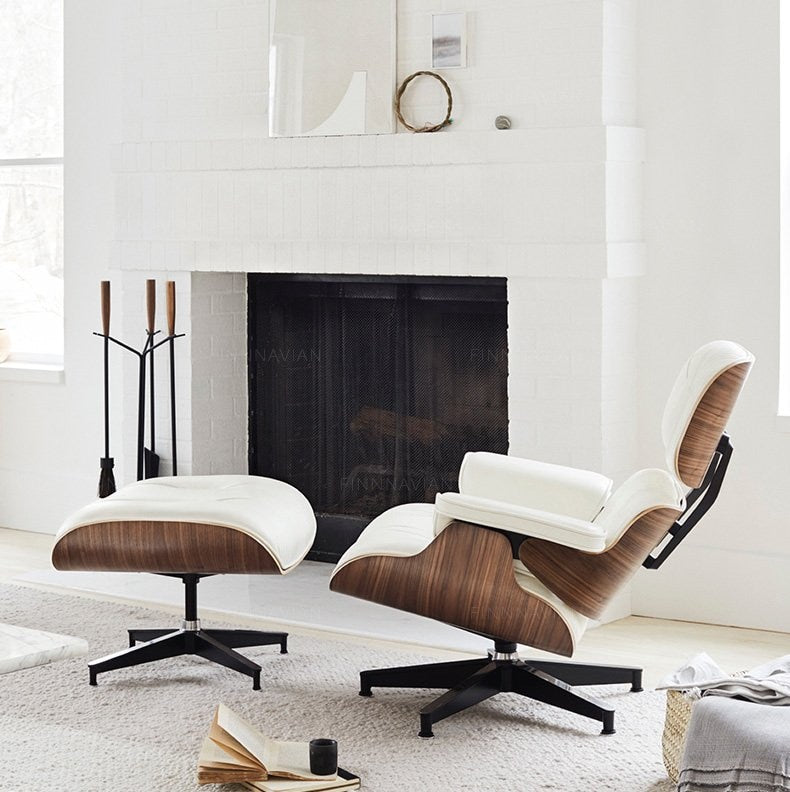 White & Walnut Classic Lounge Armchair With Footrest Genuine Leather Lounge Chair Aluminum Leg