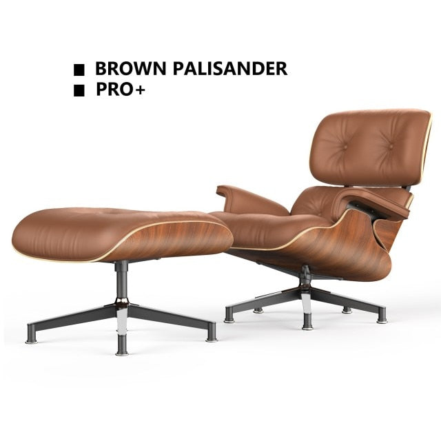 NEW Experience Ultimate Comfort with PRO Rosewood and Light Brown Genuine Leather Classic Lounge Chair with Ottoman Set - Featuring High-Quality Aluminum Legs for Luxurious Relaxation
