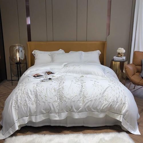 NEW Embroidered White Blossom Duvet Cover Set - 800TC Egyptian Cotton Bedding Set with Soft Sheets & Pillowcases, Queen/King 4Pcs