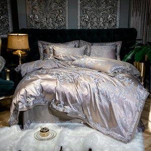 NEW Luxury Silver Jacquard Bedding Set - 100% Cotton Satin, Elegant Design for Double, Queen, & King Sizes