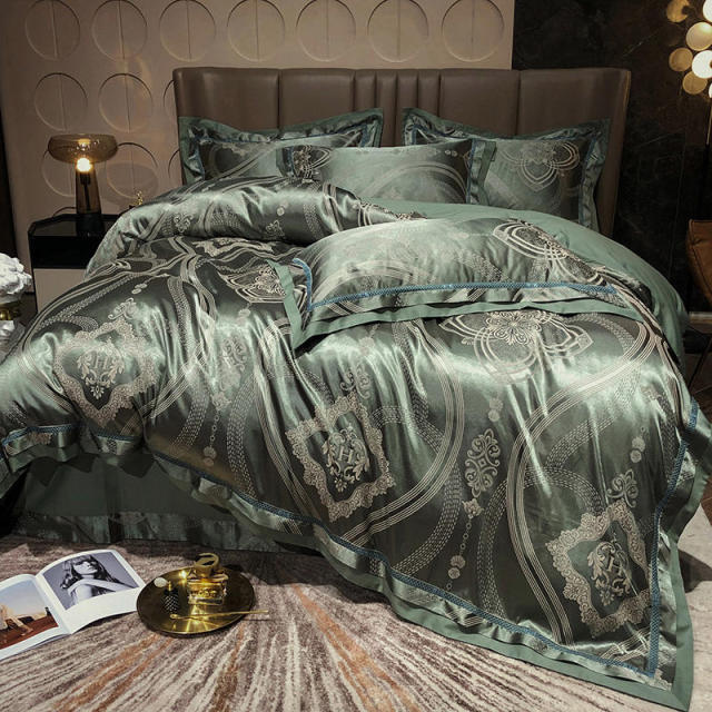 Royal Emerald 100% Cotton Satin Luxury Jacquard Bedding Set With Duvet Cover Double Queen King