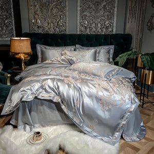 Sleep Like a King or Queen with Our Royal Silver 100% Cotton Satin Jacquard Bedding Set - Perfect for Double, Queen, & King Sized Beds