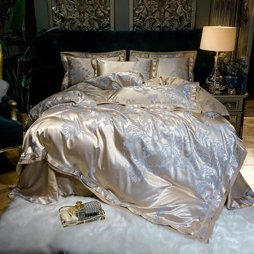 NEW Sleep Like Royalty with Light Golden 100% Cotton Satin Luxury Jacquard Bedding Set Including Duvet Cover for Double Queen King Size Beds