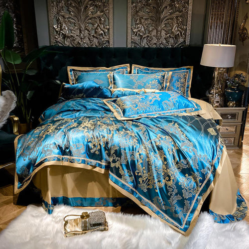 NEW Royal Blue 100% Cotton Satin Jacquard Bedding Set - Perfect for Double, Queen, & King Sized Beds