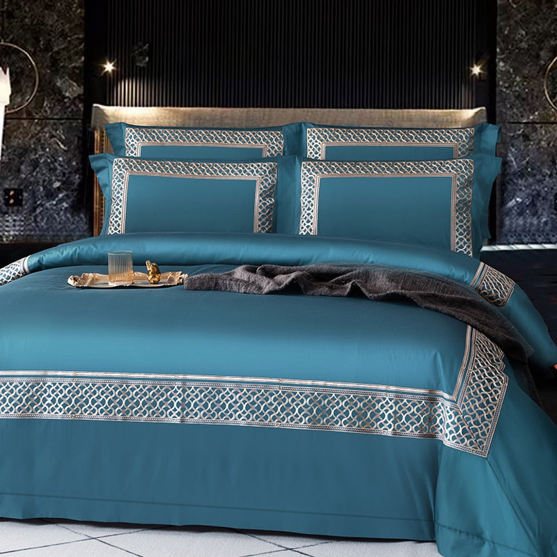 NEW Luxurious 1400 TC Embroidered Turquoise Cotton Bedding Set - Pillowcases, Duvet Cover, and Bedsheet