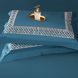 NEW Luxurious 1400 TC Embroidered Turquoise Cotton Bedding Set - Pillowcases, Duvet Cover, and Bedsheet